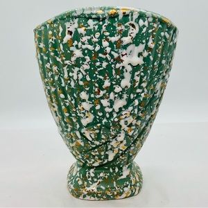 VTG Art Deco Style Savoy Splattered Art Pottery Green White 24k Gold Vase 7”x5”